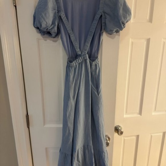 ASTR Jelena Crew Neck Puff Sleeve Open Back Flounce Hem Midi Dress - Blue XS - Picture 4 of 4